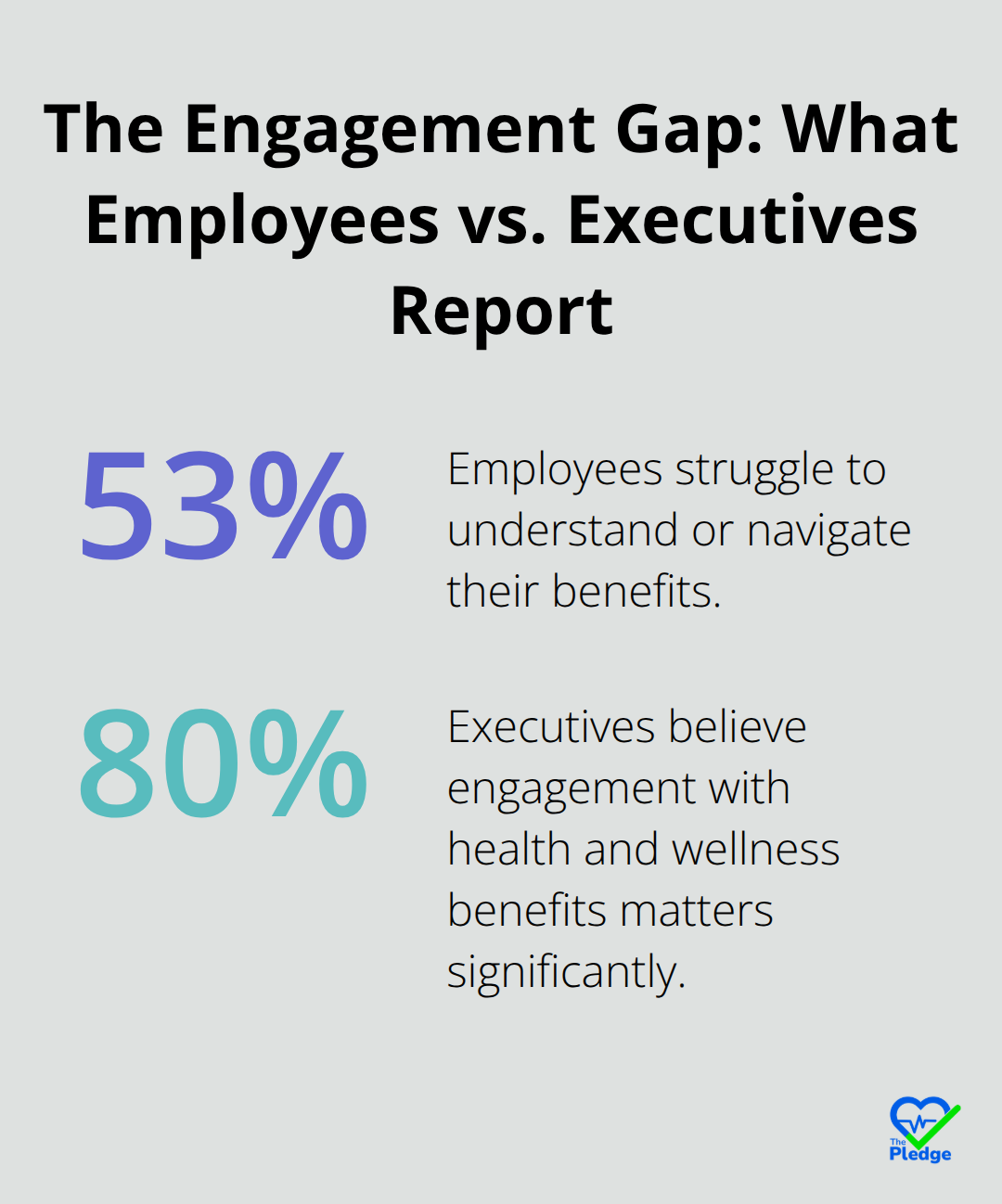Chart comparing 53% of employees who struggle with benefits navigation against 80% of executives who say engagement matters. - Healthcare navigation anxiety