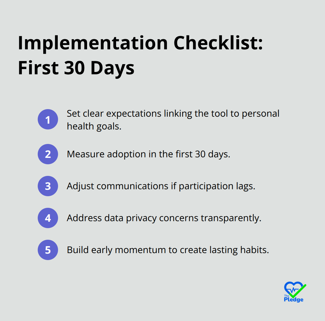 Compact checklist of key actions for the first 30 days of wellness platform rollout