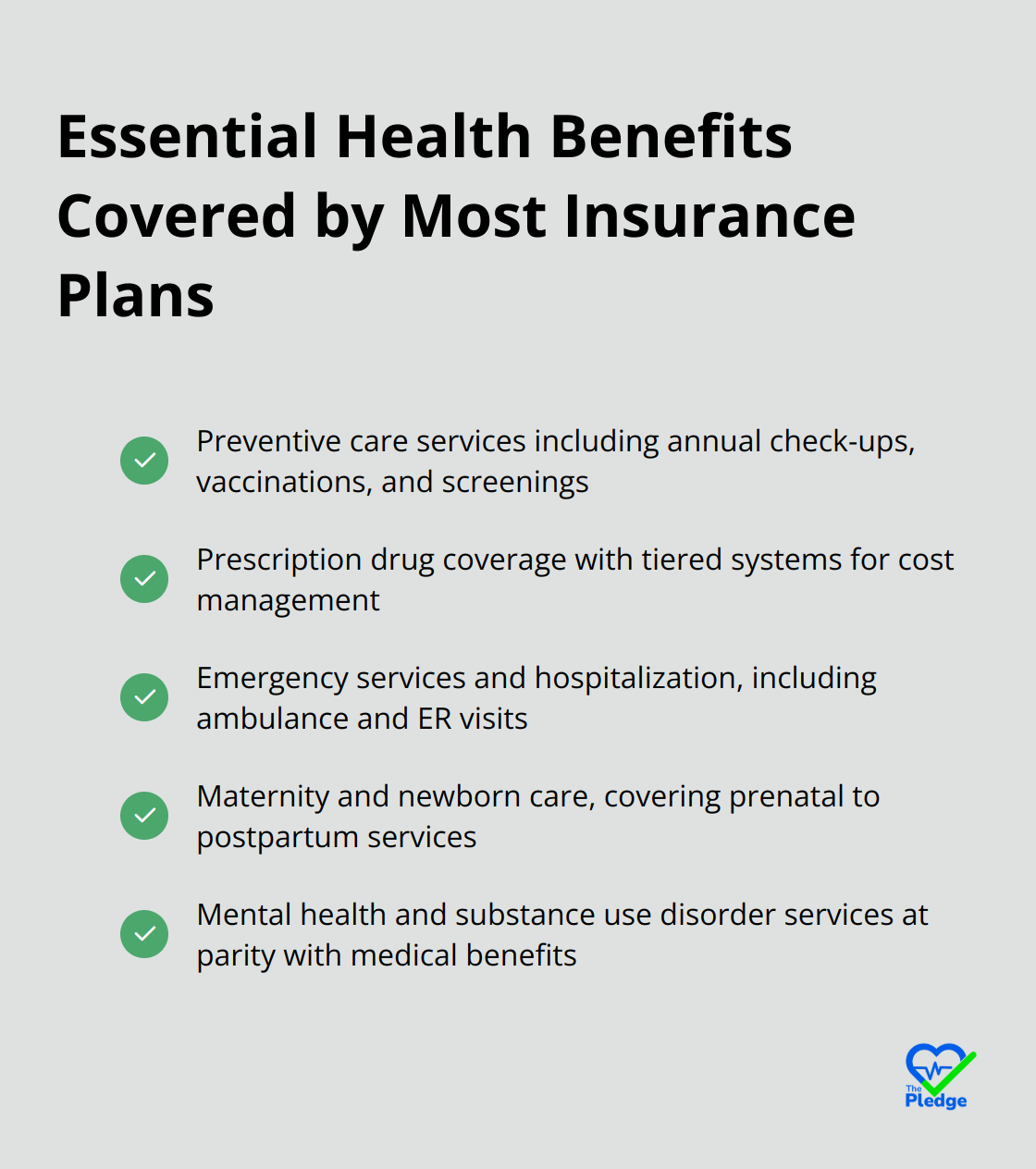 A checkmark list showing essential health benefits covered by most insurance plans, including preventive care, prescription drugs, emergency services, maternity care, and mental health services. - health insurance benefits explained