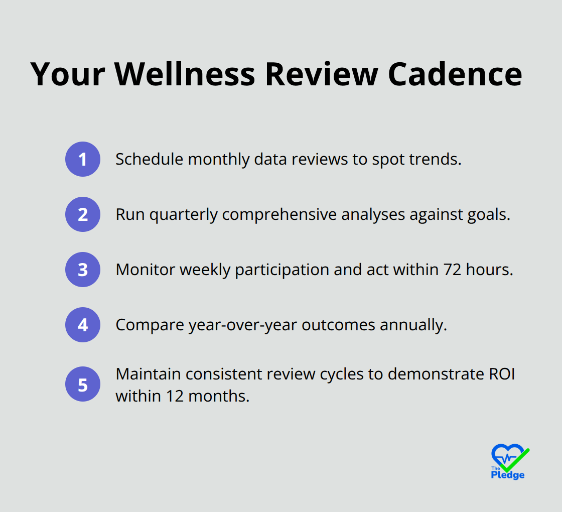 Compact list of review and analysis cadence for wellness programs. - impact of employee wellness programs