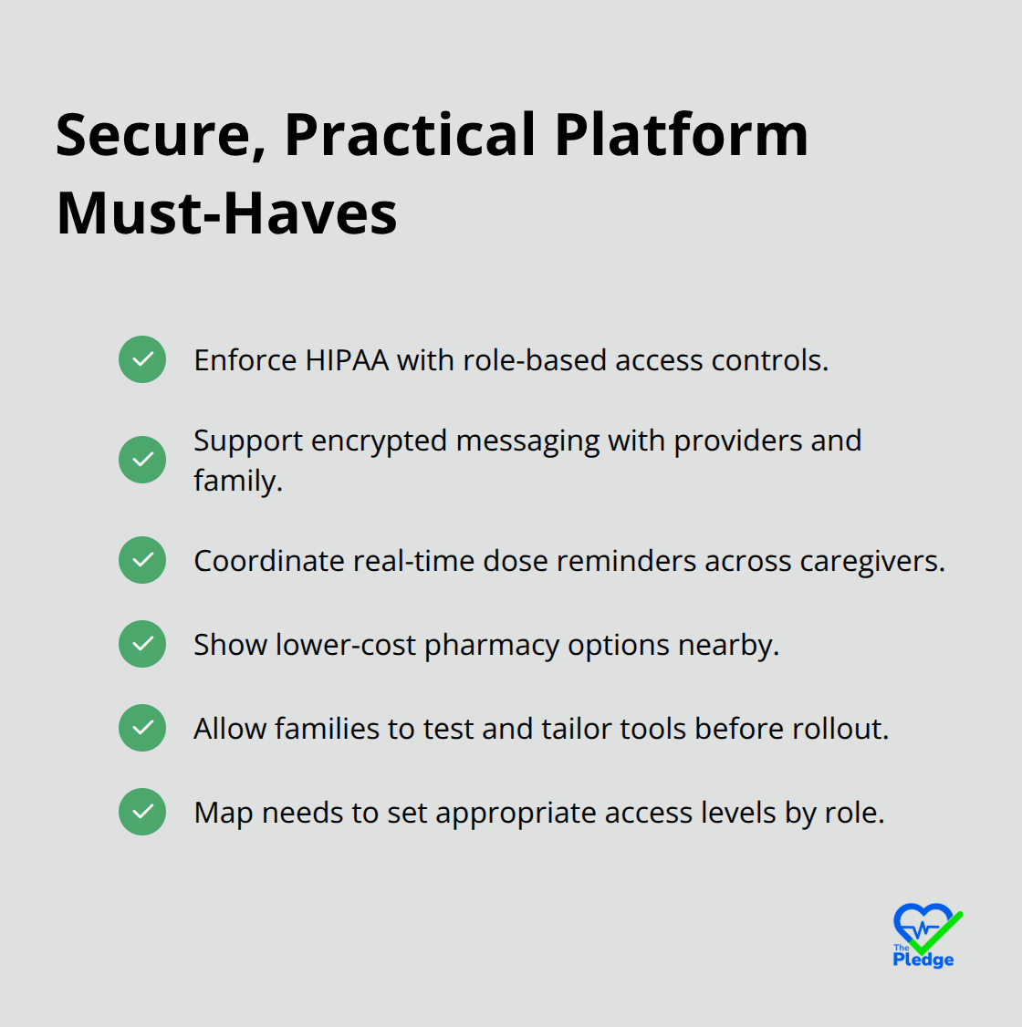 Checklist of security and practicality features for family care platforms in the United States - streamlined family care reminders