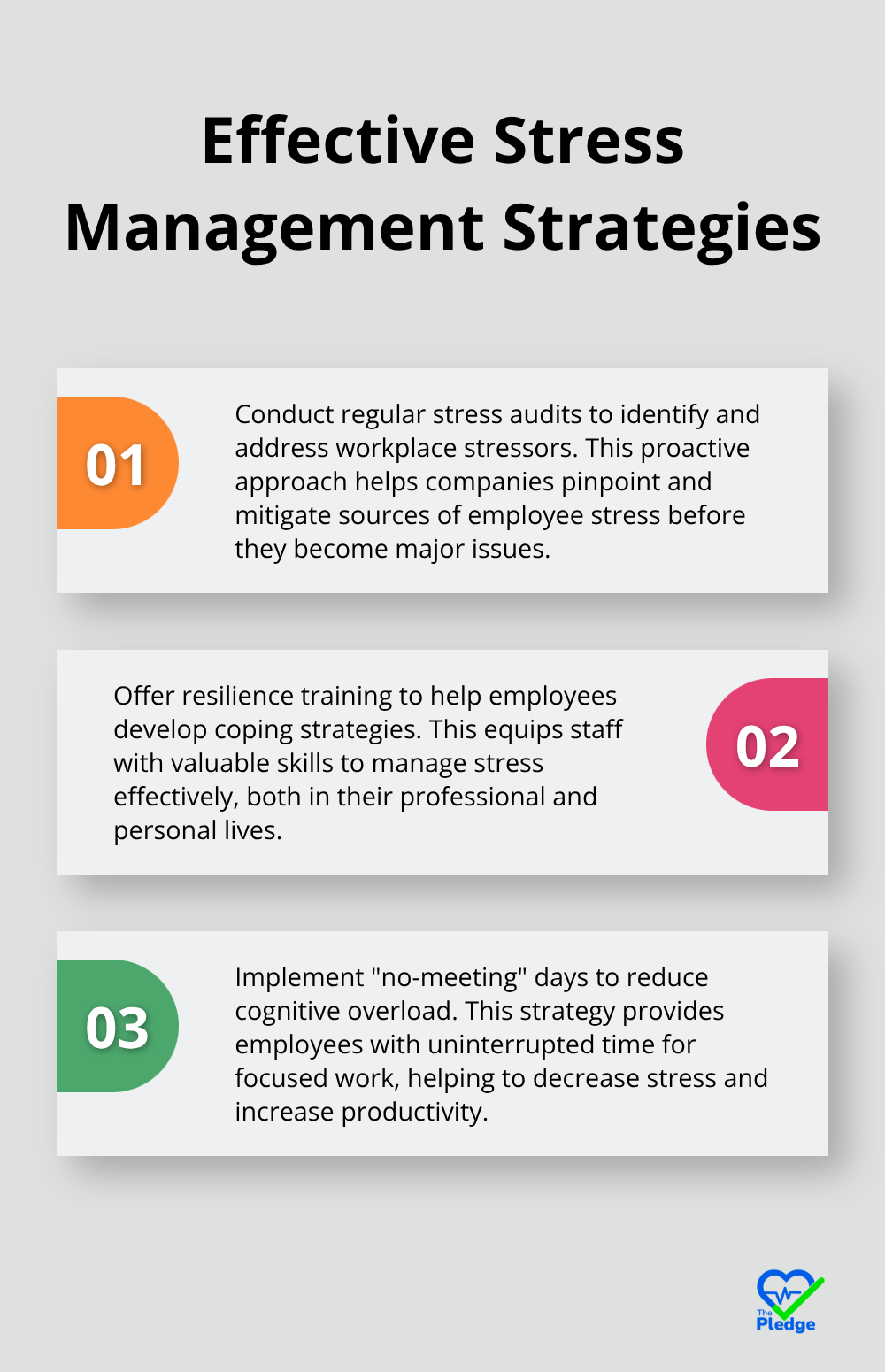 Chart listing three effective stress management strategies: conducting regular stress audits, offering resilience training, and implementing no-meeting days.