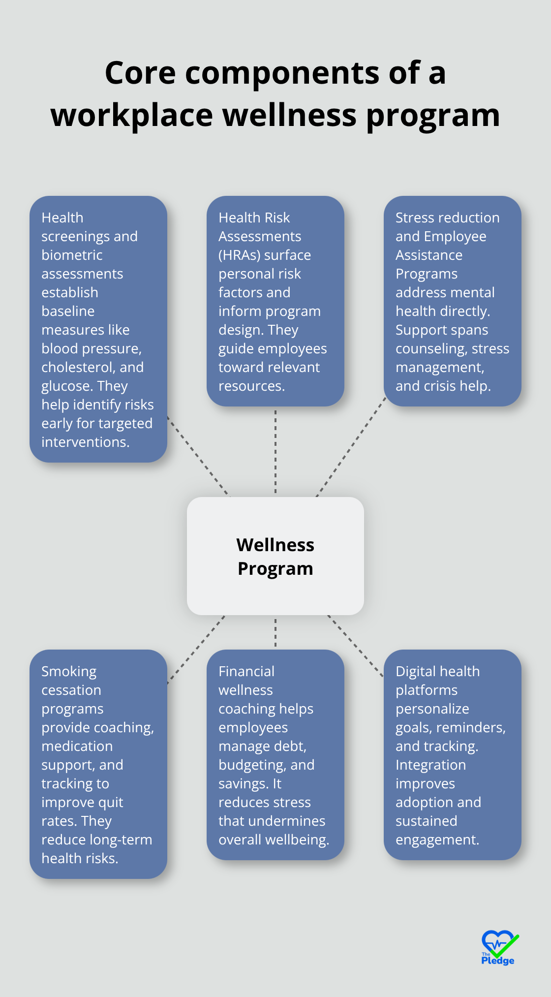 Hub-and-spoke visual of key workplace wellness program components - what is a workplace wellness program