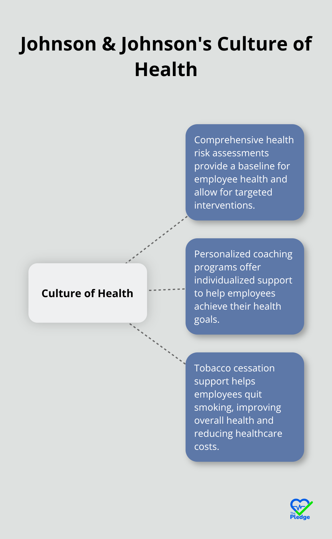 Hub and spoke chart showing Johnson & Johnson's Culture of Health program features: comprehensive health risk assessments, personalized coaching programs, and tobacco cessation support